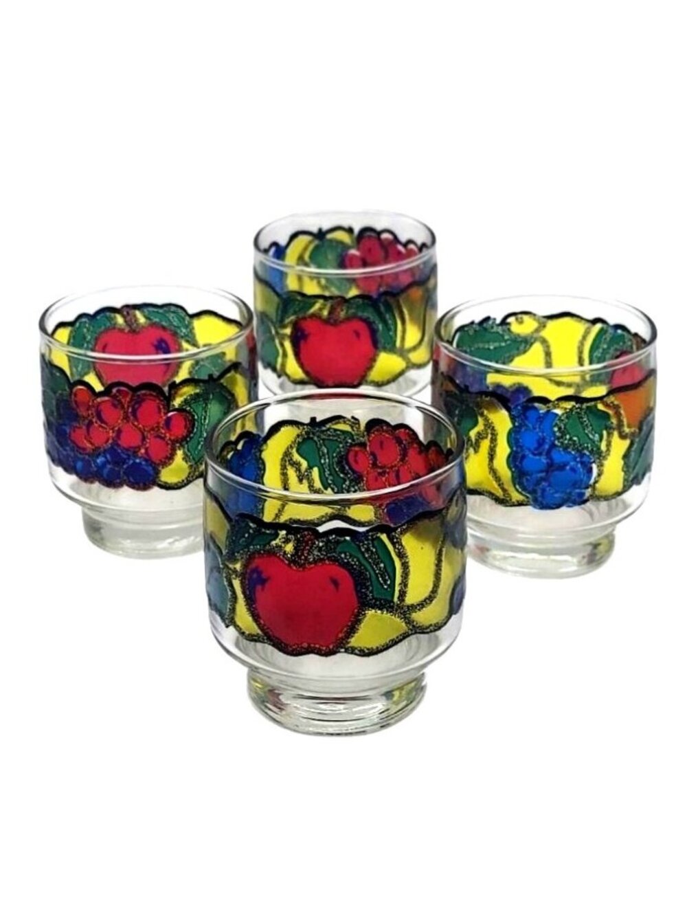 Vintage Libbey Stained Glass Fruit Frosted Stackable Rock Tumblers Set Of 4